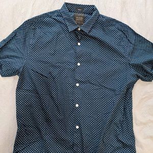 Mens Large Blue Button Down Shirt White Spot Design